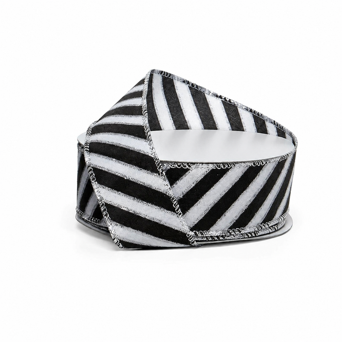 Black White Diagonal Striped Wired Ribbon - 1 1/2" x 25 Yards, Halloween, Fall, Wreath Bows, Gift Wrapping, Party Decor, Floral Arrangements, Birthday, Anniversary, Silver Metallic Edge, Glitter