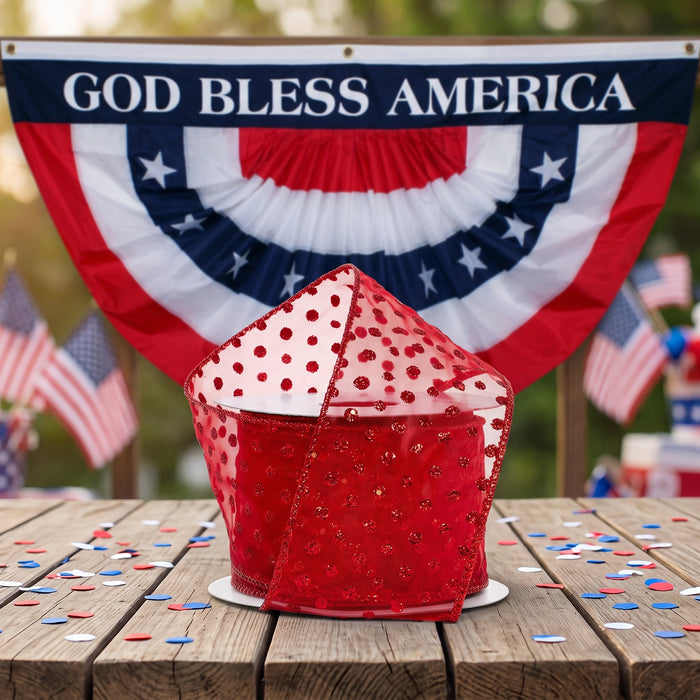 Red Sheer Polka Dots Ribbon - 2 1/2" x 10 Yards, Labor Day, Fall, Election Day, Veterans Day, Christmas, Anniversary, Birthday, Wreath, Fundraiser, School, Office, Wedding