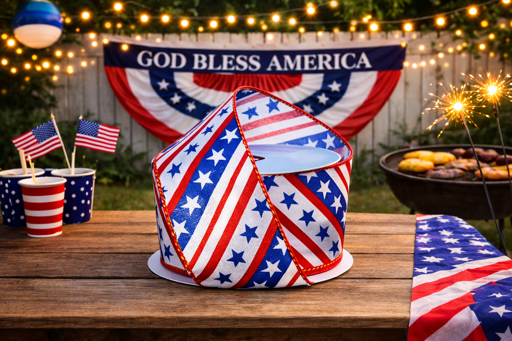 Patriotic Stars Stripes Satin Ribbon - 2 1/2" x 10 Yards, Wired Edge, 4th of July, 250th Anniversary USA, Vintage Americana, Wreath, Gift Wrap, Election, Rally, Parade, Veterans Day, Labor Day, 1776