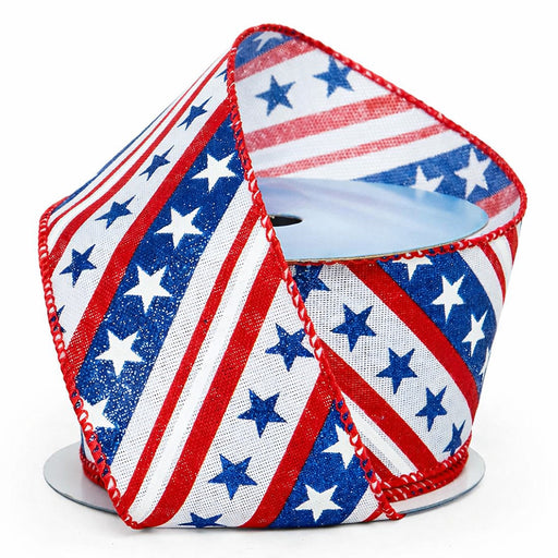 Patriotic Stars Stripes Satin Ribbon - 2 1/2" x 10 Yards, Wired Edge, 4th of July, 250th Anniversary USA, Vintage Americana, Wreath, Gift Wrap, Election, Rally, Parade, Veterans Day, Labor Day, 1776