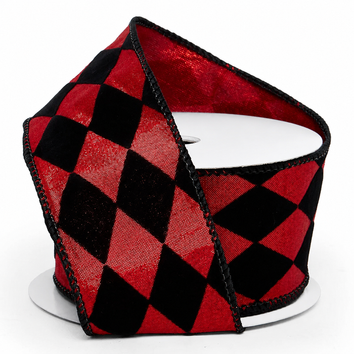 Red Black Harlequin Wired Ribbon, 2 1/2" x 10 Yards, Single Faced, Diamond Checkered, Halloween & Masquerade, Holiday Garland & Gift Wrap, Wreaths & Bows