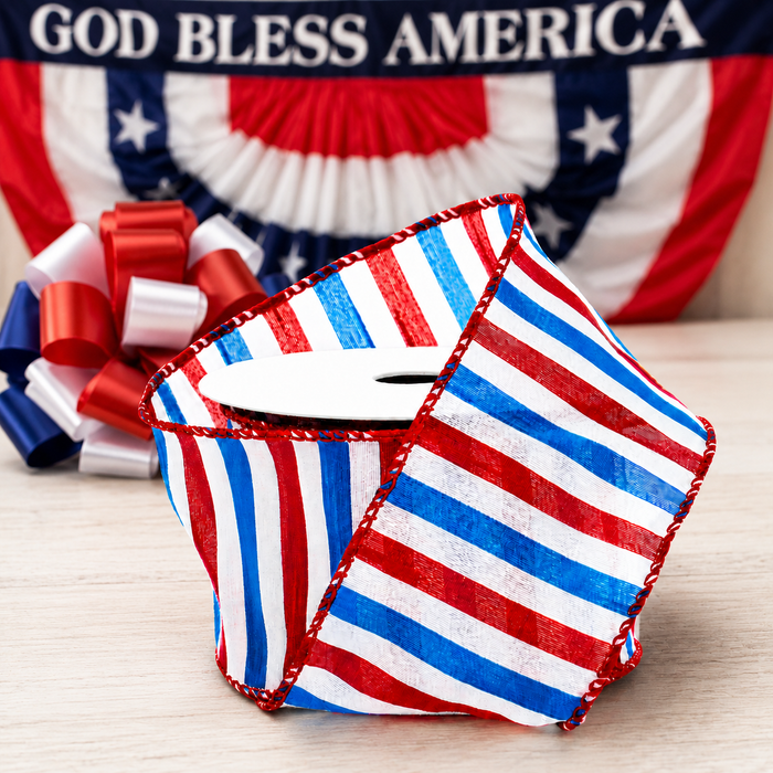 Red White Blue Stripes Wired Ribbon - 2 1/2" x 10 Yards, 4th of July, America 250 Anniversary, USA, Election Wreath, Swag, Garland, USA, Patriotic Decor, Summer, Labor Day, Birthday, Veteran's Day