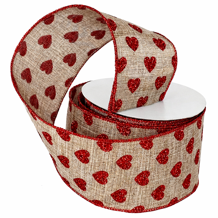 Faux Burlap Valentine Hearts Ribbon - 2 1/2" x 10 Yards
