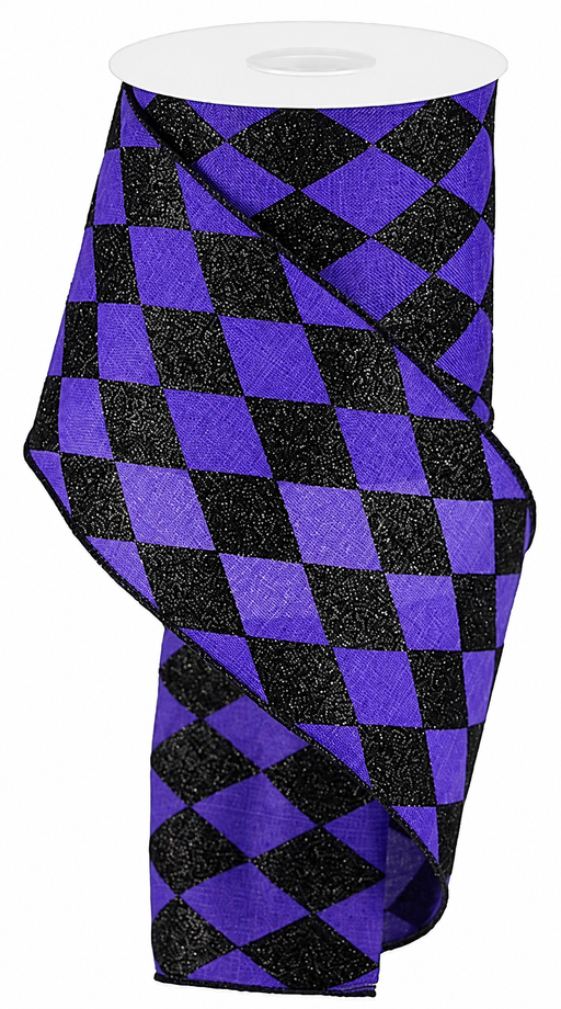 Purple Black Harlequin Wired Ribbon - 4" x 10 Yards, Halloween, Masquerade, Glitter, Fall, Single Faced, Holiday Garland, Gift Wrap, Wreath, Birthday, Carnival, Awareness Ribbon, Mardi Gras