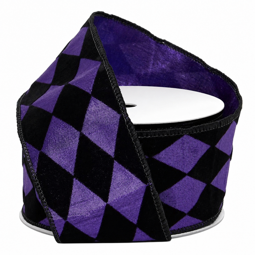 Purple Black Harlequin Wired Ribbon - 2 1/2" x 10 Yards, Halloween, Masquerade, Fall, Single Faced, Holiday Garland, Gift Wrap, Wreaths, Bows, Birthday, Carnival, Awareness Ribbon, Crafts, Mardi Gras