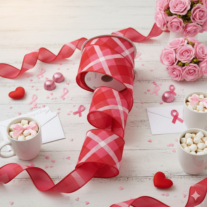 Pink and Red Plaid Wired Edge Ribbon - 2 1/2" x 10 Yards
