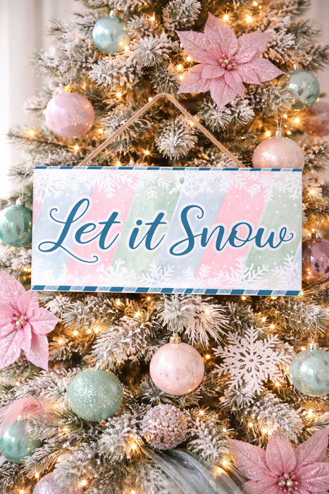 Let It Snow Glitter Wooden Sign - 12.5" x 6", Light Blue Pink & Green Stripes