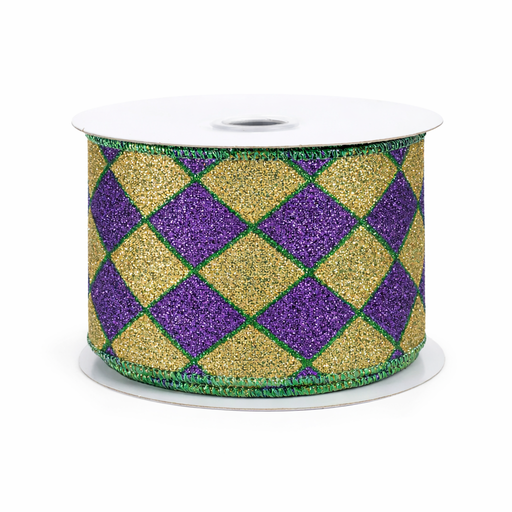 Harlequin Glitter Diamonds Wired Ribbon - 2 1/2" x 10 Yards, Purple & Gold, Emerald Green Accents, Mardi Gras, Easter, Carnival, Argyle, Holiday Garland, Gifts, Wreaths, Bows, Christmas