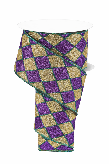 Harlequin Glitter Diamonds Wired Ribbon - 2 1/2" x 10 Yards, Purple & Gold, Emerald Green Accents, Mardi Gras, Easter, Carnival, Argyle, Holiday Garland, Gifts, Wreaths, Bows, Christmas