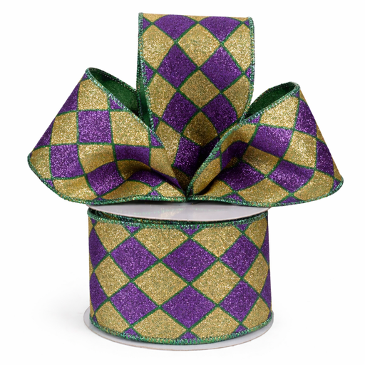 Harlequin Glitter Diamonds Wired Ribbon - 2 1/2" x 10 Yards, Purple & Gold, Emerald Green Accents, Mardi Gras, Easter, Carnival, Argyle, Holiday Garland, Gifts, Wreaths, Bows, Christmas