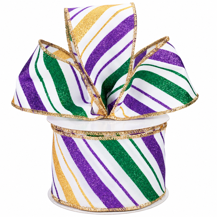 Glitter Striped Mardi Gras Ribbon - 2 1/2" x 10 Yards, Wired Edges, Purple, Green, Gold, Fat Tuesday, Carnival, Party Decor, Gift Wrapping, Wreath, Easter, Spring, Christmas