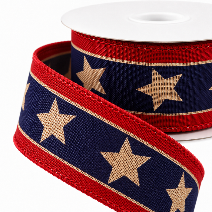 Tea Stained American Stars Ribbon - 1 1/2" x 10 Yards, 4th of July, America 250 Anniversary, American Flag Wired Ribbon, DIY, USA, Rustic, Election, Rally, Veterans Day, Wired Ribbon, Labor Day, 1776
