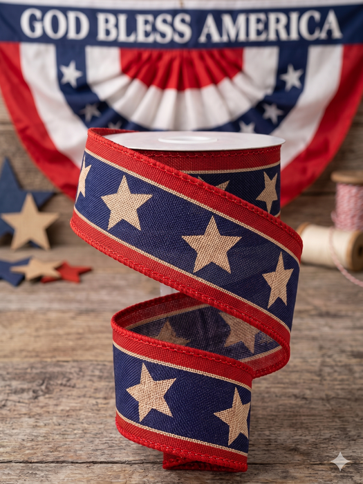 Tea Stained American Stars Ribbon - 1 1/2" x 10 Yards, 4th of July, America 250 Anniversary, American Flag Wired Ribbon, DIY, USA, Rustic, Election, Rally, Veterans Day, Wired Ribbon, Labor Day, 1776