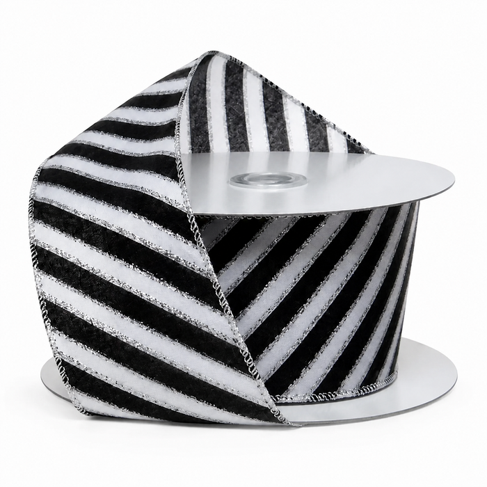 Black White Diagonal Striped Wired Ribbon - 2 1/2" x 25 Yards, Halloween, Fall, Thanksgiving, Christmas, Wreath Bows, Gift Wrapping, Party Decor, Floral Arrangements, Birthday, Anniversary, Glitter