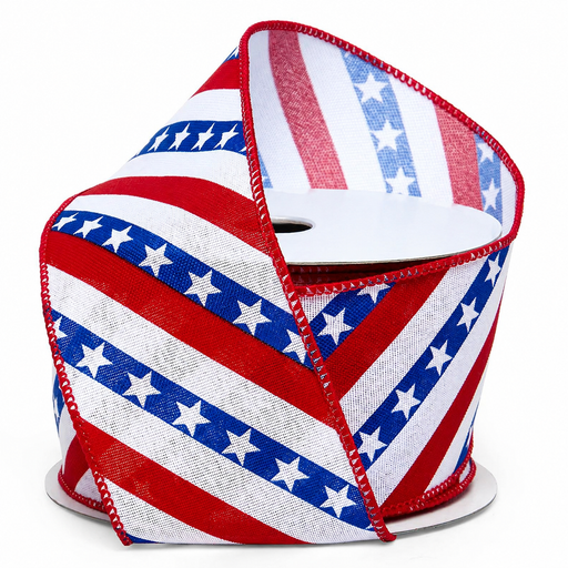 American Diagonal Striped Wired Ribbon - 2 1/2" x 10 Yards, 4th of July, America 250 Anniversary,  Star Banner, USA Patriotic Decor, Welcome Home Ceremony, Election, 1776, Americana, Veterans Day