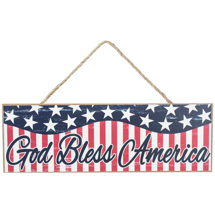 God Bless America Gift Sign - 15" x 5", 4th of July, America 250 Anniversary, Red White Blue, Wreath, Kitchen, Wooden Hanging Door Decor, Patriotic USA Decoration, Labor Day, Veterans Day, 1776