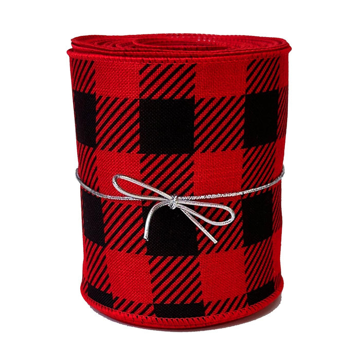 Buffalo Plaid Wired Ribbon Decoration - 4" x 10 Yards, Red & Black