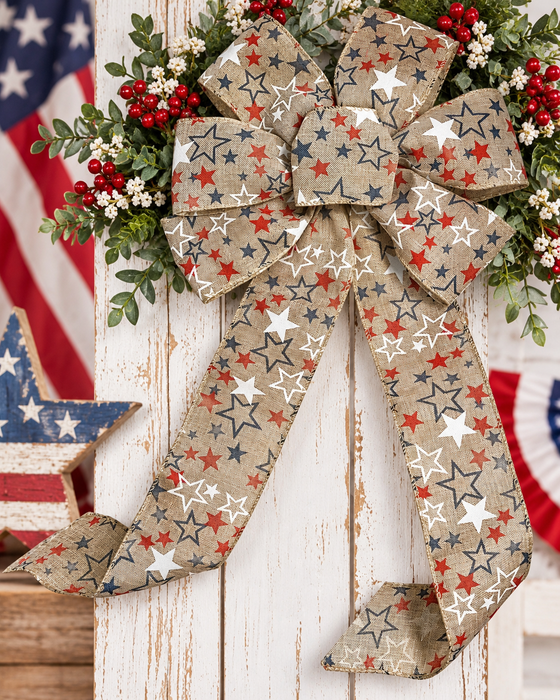 Patriotic Natural Tan Wreath Bow - 10" Wide, 18" Long, Veterans Day, Wired, Red, White & Blue Stars, Farmhouse Country Decoration, USA, 1776, Election Day, Americana