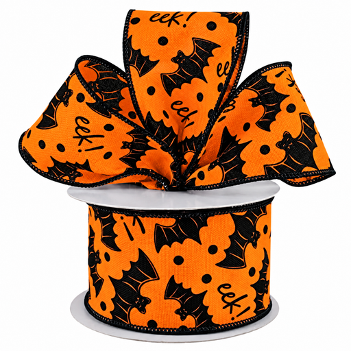 Orange Black Bats Eek Ribbon - 2 1/2" x 10 Yards, Halloween, Trick or Treat, Haunted House, Fundraiser, Gift Wrapping, Wreath, Party Decor, Wired Edge, Classroom, Office, DIY Crafts