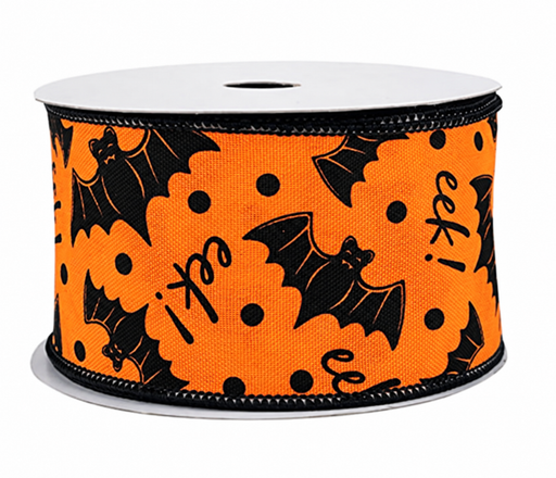 Orange Black Bats Eek Ribbon - 2 1/2" x 10 Yards, Halloween, Trick or Treat, Haunted House, Fundraiser, Gift Wrapping, Wreath, Party Decor, Wired Edge, Classroom, Office, DIY Crafts