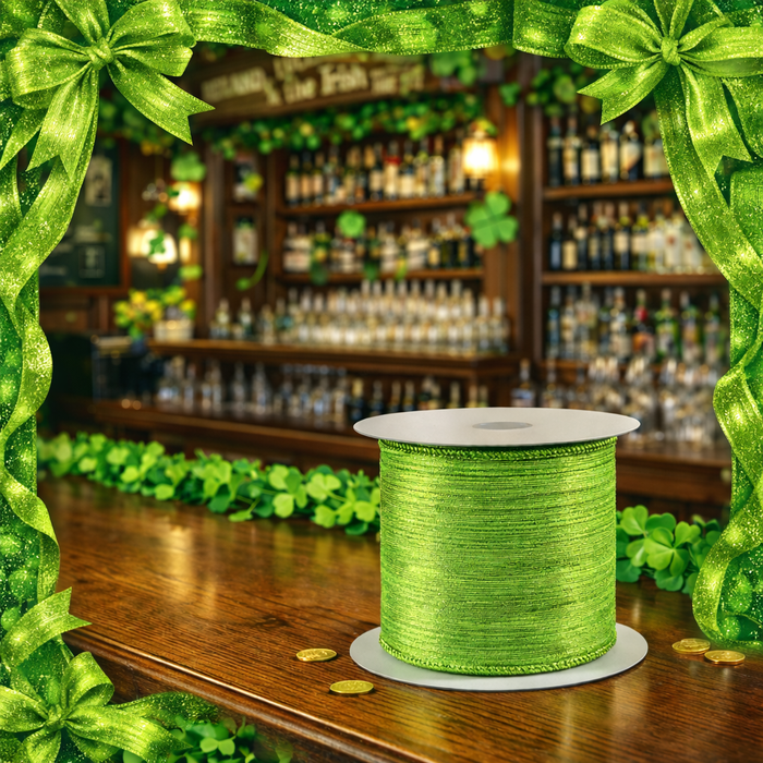 Metallic Lime Green Striped Wired Ribbon - 2 1/2" x 10 Yards, St. Patrick's Day