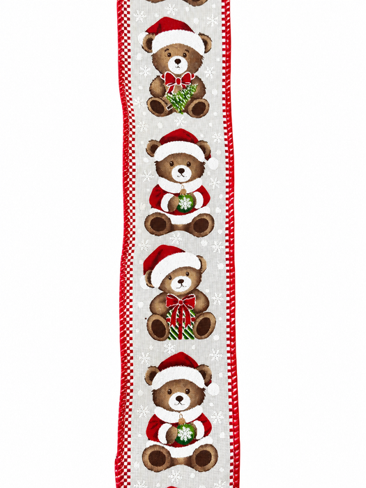 Christmas Teddy Bear Wired Ribbon - 2 1/2" x 10 Yards, Santa Hat Bear, Garland, Gift Wrapping, Wreath, Presents, Fundraiser, Boxing Day, Classroom, Office, Winter Decor