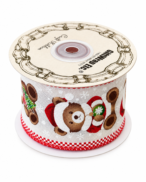Christmas Teddy Bear Wired Ribbon - 2 1/2" x 10 Yards, Santa Hat Bear, Garland, Gift Wrapping, Wreath, Presents, Fundraiser, Boxing Day, Classroom, Office, Winter Decor