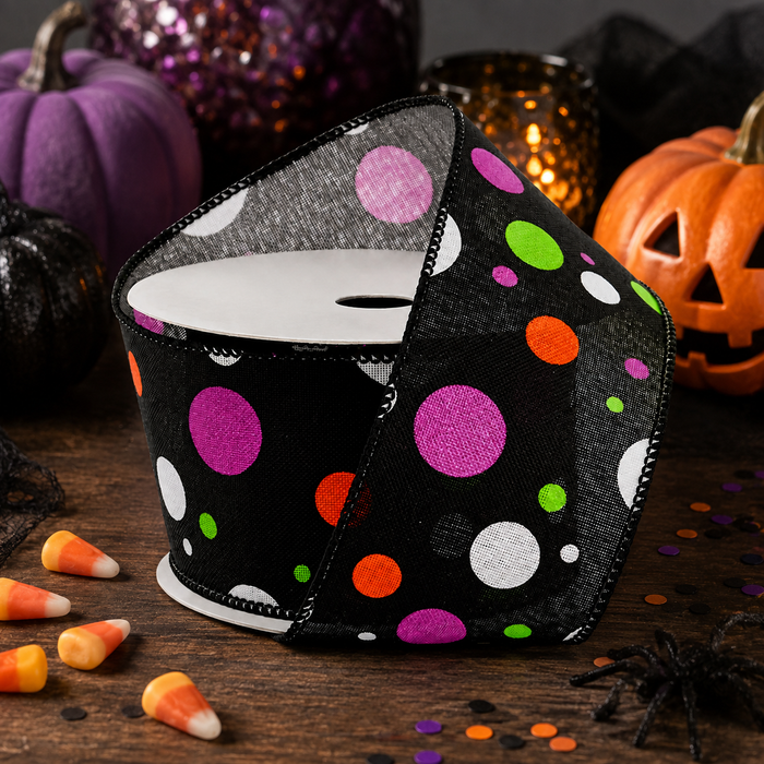 Black Sheer Polka Dot Ribbon  - 2 1/2" x 10 Yards, Halloween, Birthday, New Years, Wired Edge, Multicolor Dots, Gift Wrapping, Party Decor