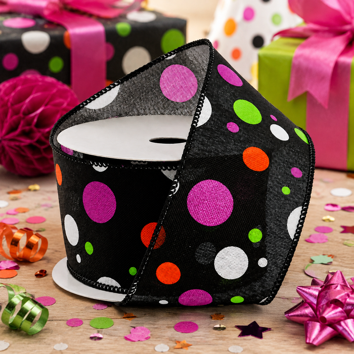 Black Sheer Polka Dot Ribbon  - 2 1/2" x 10 Yards, Halloween, Birthday, New Years, Wired Edge, Multicolor Dots, Gift Wrapping, Party Decor