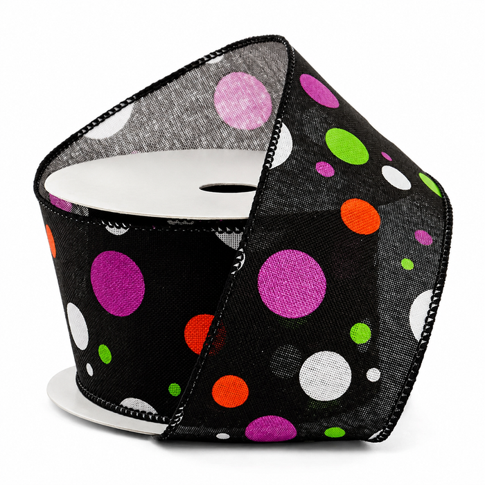 Black Sheer Polka Dot Ribbon  - 2 1/2" x 10 Yards, Halloween, Birthday, New Years, Wired Edge, Multicolor Dots, Gift Wrapping, Party Decor