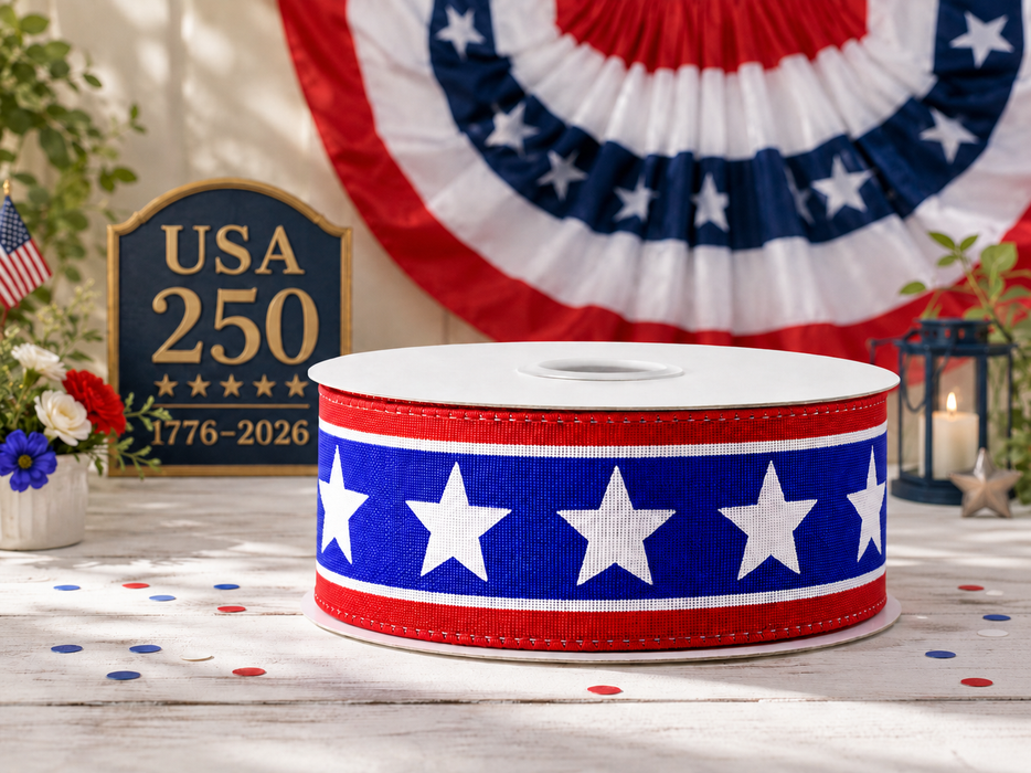 American Stars Patriotic Wired Ribbon - 1 1/2" x 10 Yards, 4th of July, America 250 Anniversary, Gifts, Swags, Garlands, USA, Fundraiser, Labor Day, 1776, Americana, Flag Day, Liberty, Veteran's Day