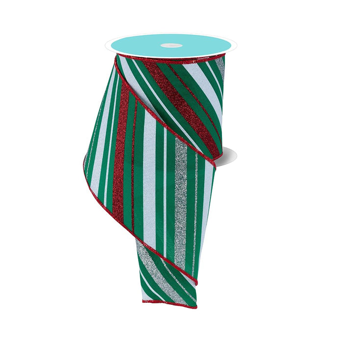 Red Green Silver White Diagonal Stripes Ribbon - 4" x 10 Yards, Christmas, Gift Wrapping, Winter Holiday, Garland, Birthday, Glitter, Wired Ribbon, School, Office, DIY Crafts