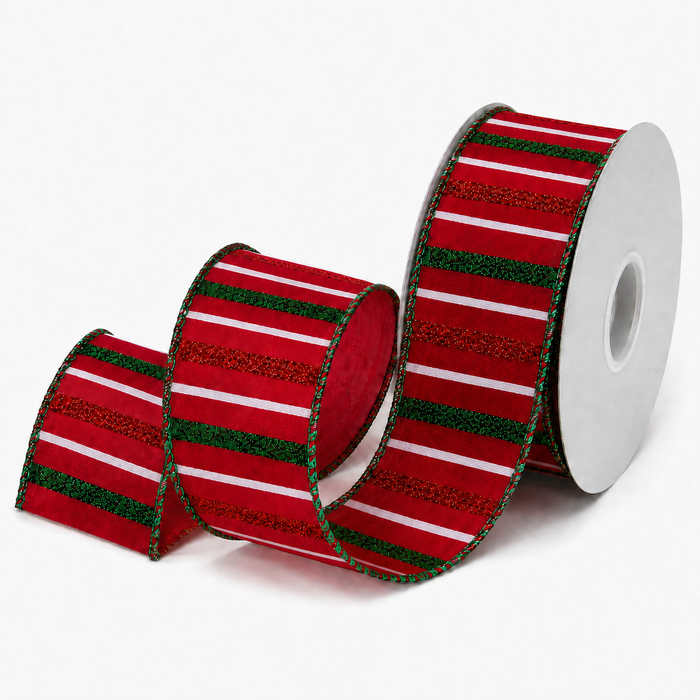 Metallic Red Green Pinstripe Ribbon - 2 1/2" x 10 Yards, Christmas, Wreaths, Tree Bows, Garlands, Gift Wrapping, Swags, Presents, Centerpieces, Holiday Crafts & Decor, Wired Edge