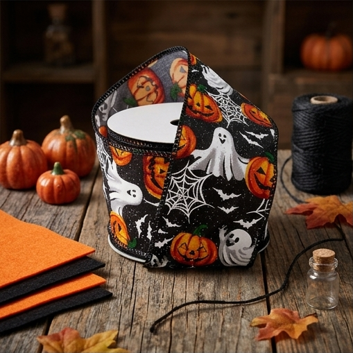Spooky Halloween Ghosts Wired Ribbon - 2 1/2" x 10 Yards, Fall, Glitter, Pumpkin, Bats, Spiderwebs, Wreath, Swag, Hair Bows, Autumn