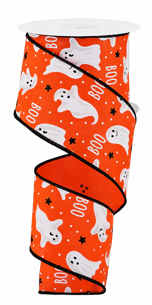Orange Halloween Boo Ghosts Ribbon - 2 1/2" x 10 Yards, Wired Edge, White Dots, Black Stars, Wreath, Garland, Swag, Hair Bows, Autumn, Trick or Treat, Haunted House