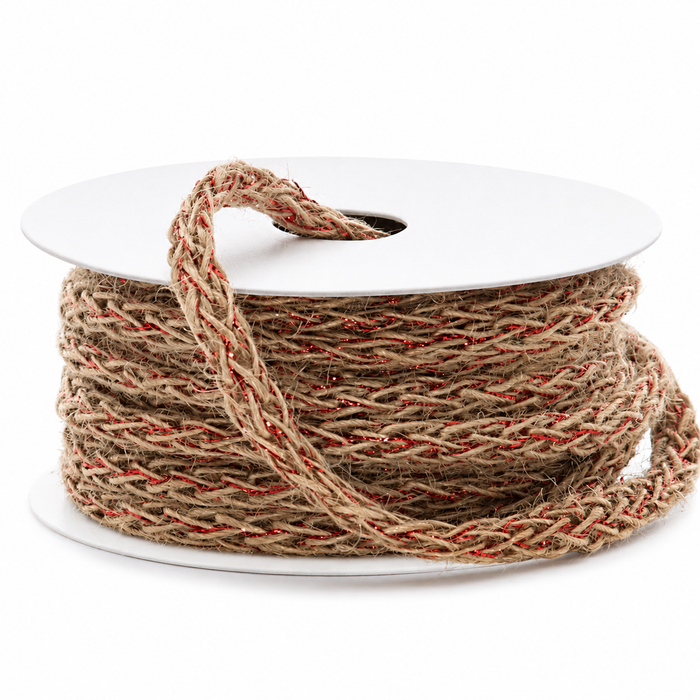 Burlap Soft Braid Cord Ribbon - 8mm x 10 Yards, Labor Day, Fall, Election Day, Veterans Day, America 250 Anniversary, Thanksgiving, Christmas, Woven Natural Jute, Metallic Red Accents
