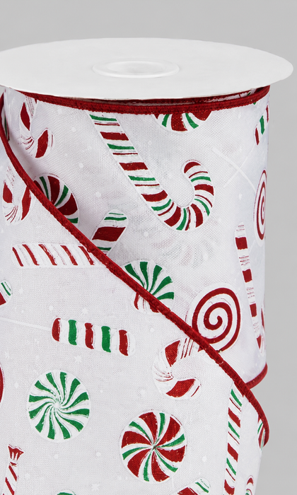 Christmas Peppermint Candies Wired Ribbon - 4" x 10 Yards
