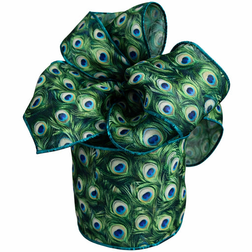 Elegant Peacock Feathers Wired Ribbon - 4 inch x 10 Yards
