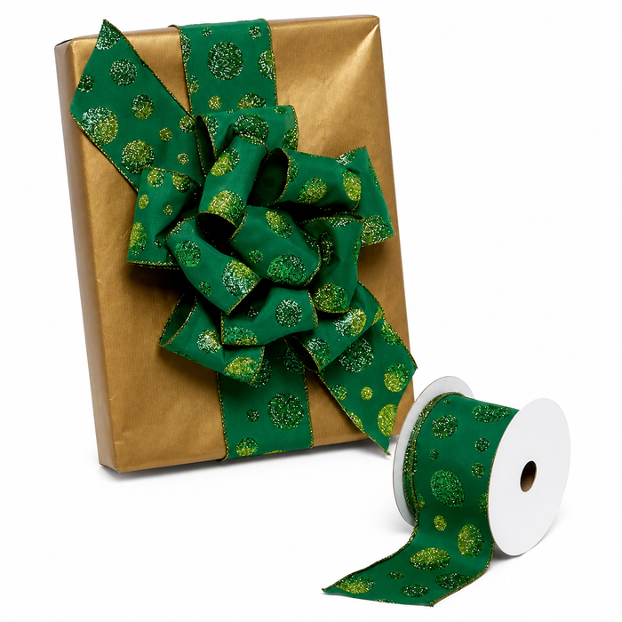 Green Glitter Polka Dots Ribbon - 2 1/2" x 10 Yards, Christmas, Gift Wrapping, Wreath, Birthday, Garland, Swag