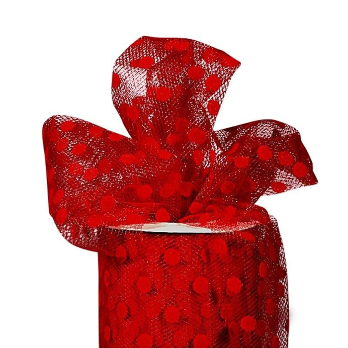 Red Polka Dot Tulle Decor - 6" x 25 Yards, 4th of July, America 250 Anniversary, Fabric Netting Ribbon, Anniversary, Wedding Decor, Valentine's Day, Wreath, Garland, Swag, Bows, School Graduation