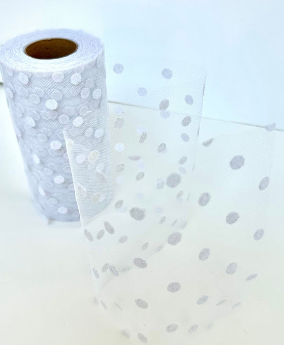 White Polka Dot Tulle Decor - 6" x 25 Yards, Fabric Netting Ribbon