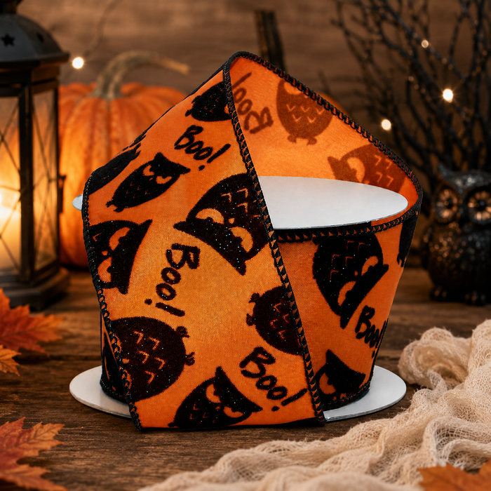 Halloween Owl Boo Wired Ribbon - 2 1/2" x 10 Yards, Fall, Orange Black, Glitter Owls, Wreath, Gift Wrapping, Party Decor, Birthday