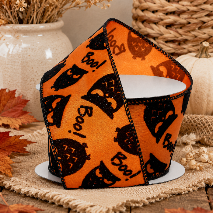 Halloween Owl Boo Wired Ribbon - 2 1/2" x 10 Yards, Fall, Orange Black, Glitter Owls, Wreath, Gift Wrapping, Party Decor, Birthday