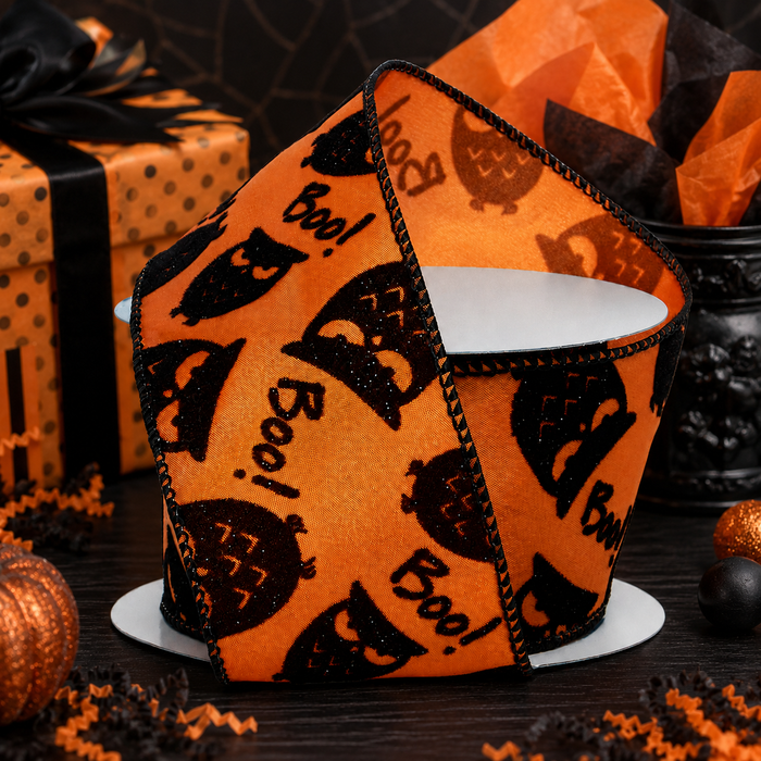 Halloween Owl Boo Wired Ribbon - 2 1/2" x 10 Yards, Fall, Orange Black, Glitter Owls, Wreath, Gift Wrapping, Party Decor, Birthday