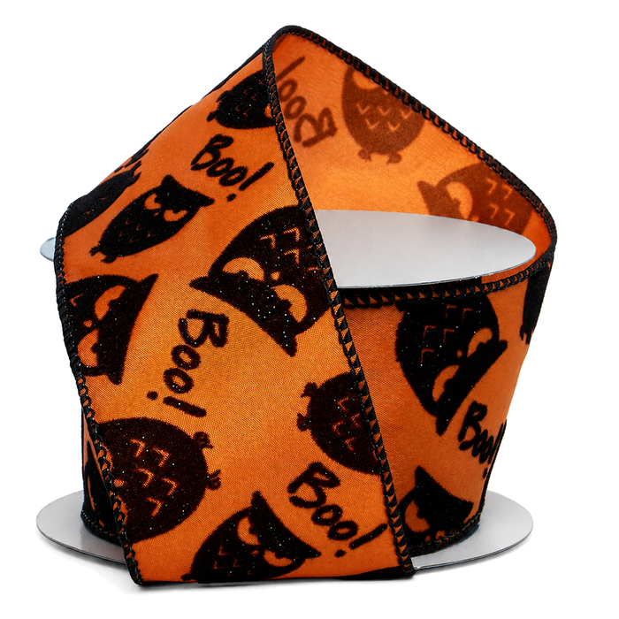 Halloween Owl Boo Wired Ribbon - 2 1/2" x 10 Yards, Fall, Orange Black, Glitter Owls, Wreath, Gift Wrapping, Party Decor, Birthday