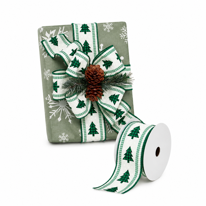 Buffalo Plaid Christmas Trees Ribbon - 2 1/2" x 10 Yards, Wired Edge