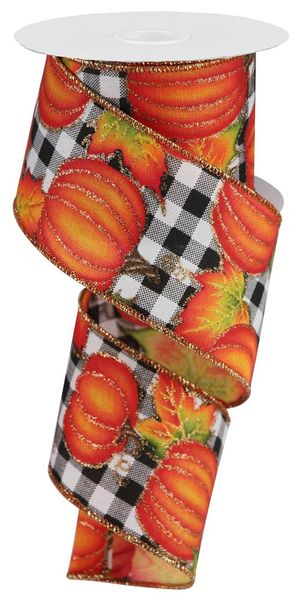 Pumpkin Patch Plaid Wired Ribbon - 2 1/2" x 10 Yards, Halloween, Fall, Thanksgiving, Christmas, Black White Buffalo Check, Decor, Rustic Orange Pumpkins, Wreath