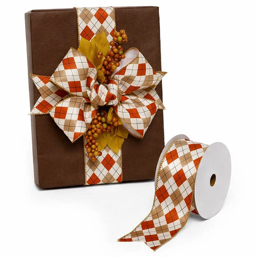 Autumn Harlequin Plaid Wired Edge Ribbon - 2 1/2" x 10 Yards, Orange, Brown, White