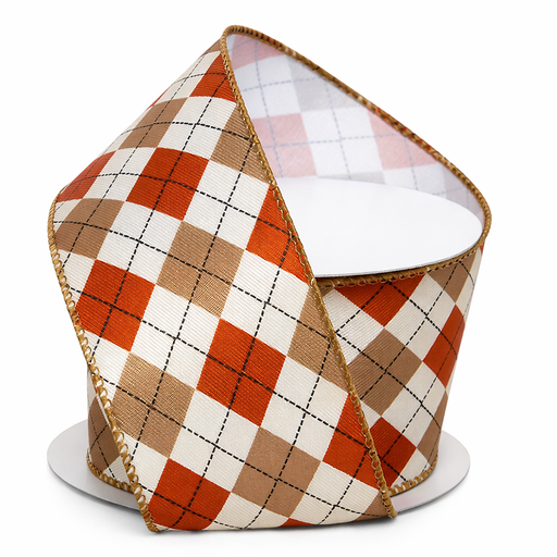 Autumn Harlequin Plaid Wired Edge Ribbon - 2 1/2" x 10 Yards, Orange, Brown, White