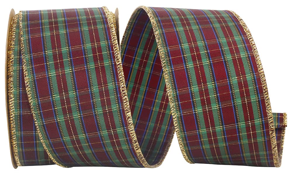 Bright Christmas Tartan Plaid Ribbon - 2 1/2" x 20 Yards, Red, Green, Blue and Gold, Metallic Wired Edge, Wreaths, Bows, Garland, Holiday Gift Wrapping